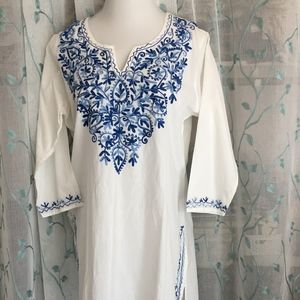 White cotton kurta tunic with blue embroidery